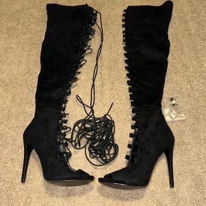 Vegan Suede thigh high lace up open toe boots
